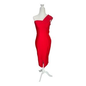 Boutique Red One Shoulder Bodycon Midi Dress Slit Cocktail Party L NWT